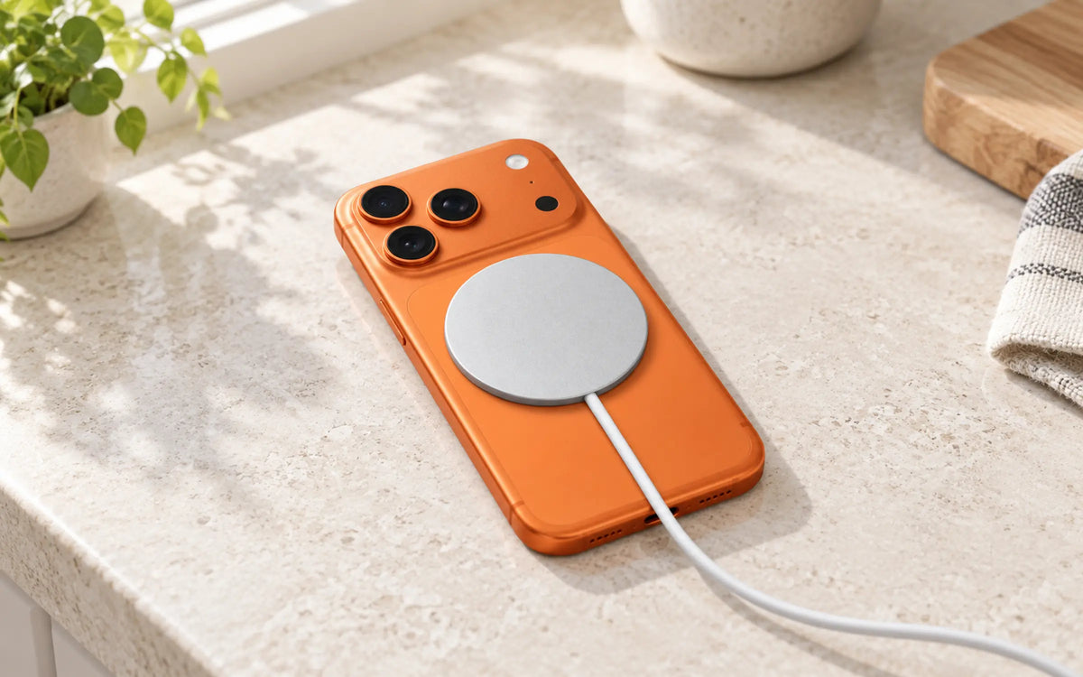 iPhone charging on a magnetic wireless charger through an Evolved MagSafe-compatible case