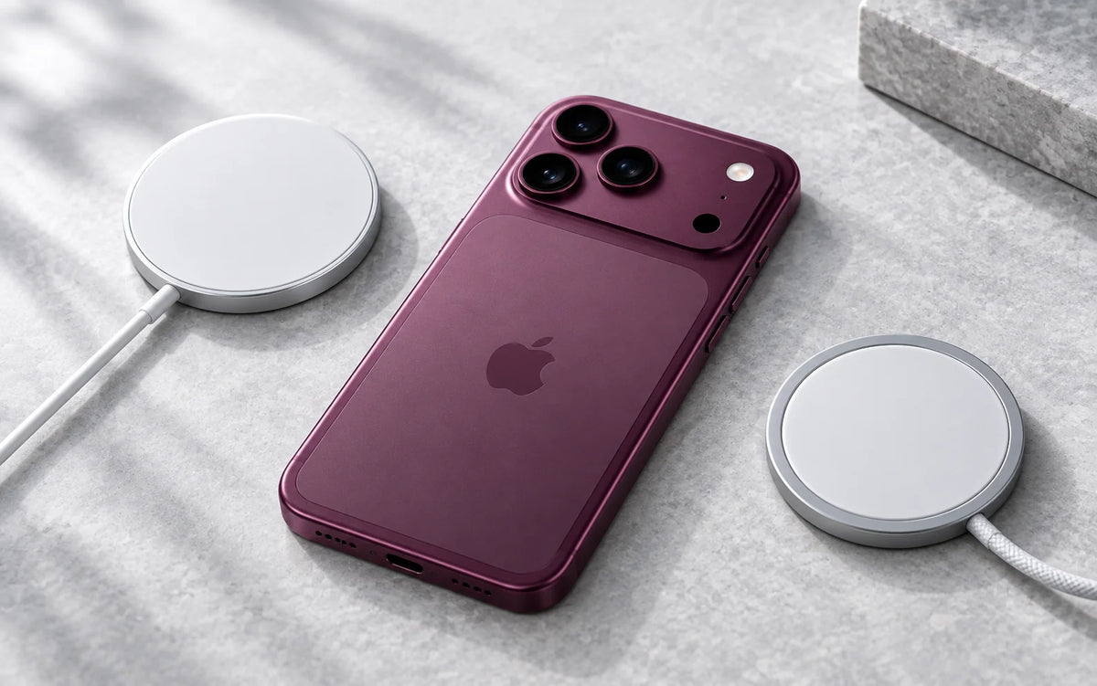 Editorial illustration of a burgundy iPhone concept beside two magnetic charging pucks on pale stone.