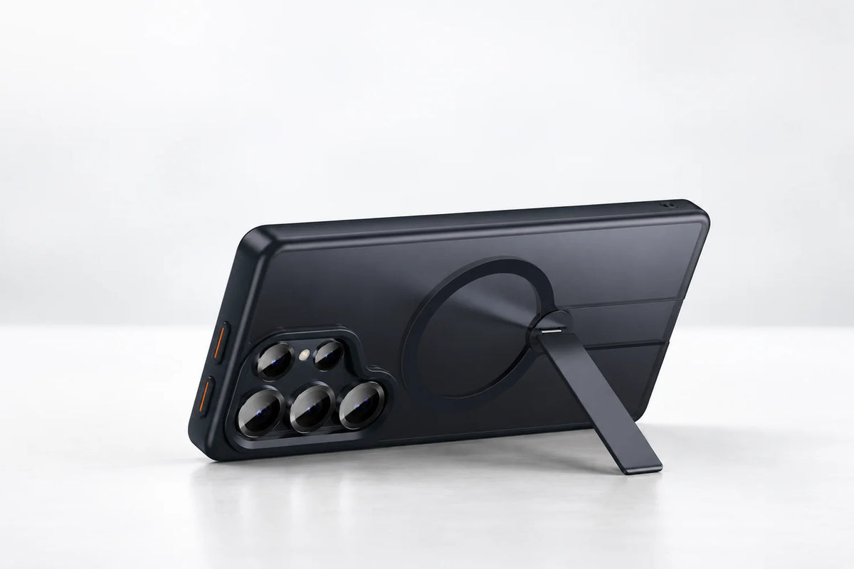 Black phone case resting in landscape on its narrow folding support arm #Samsung Model_Samsung S25 Ultra