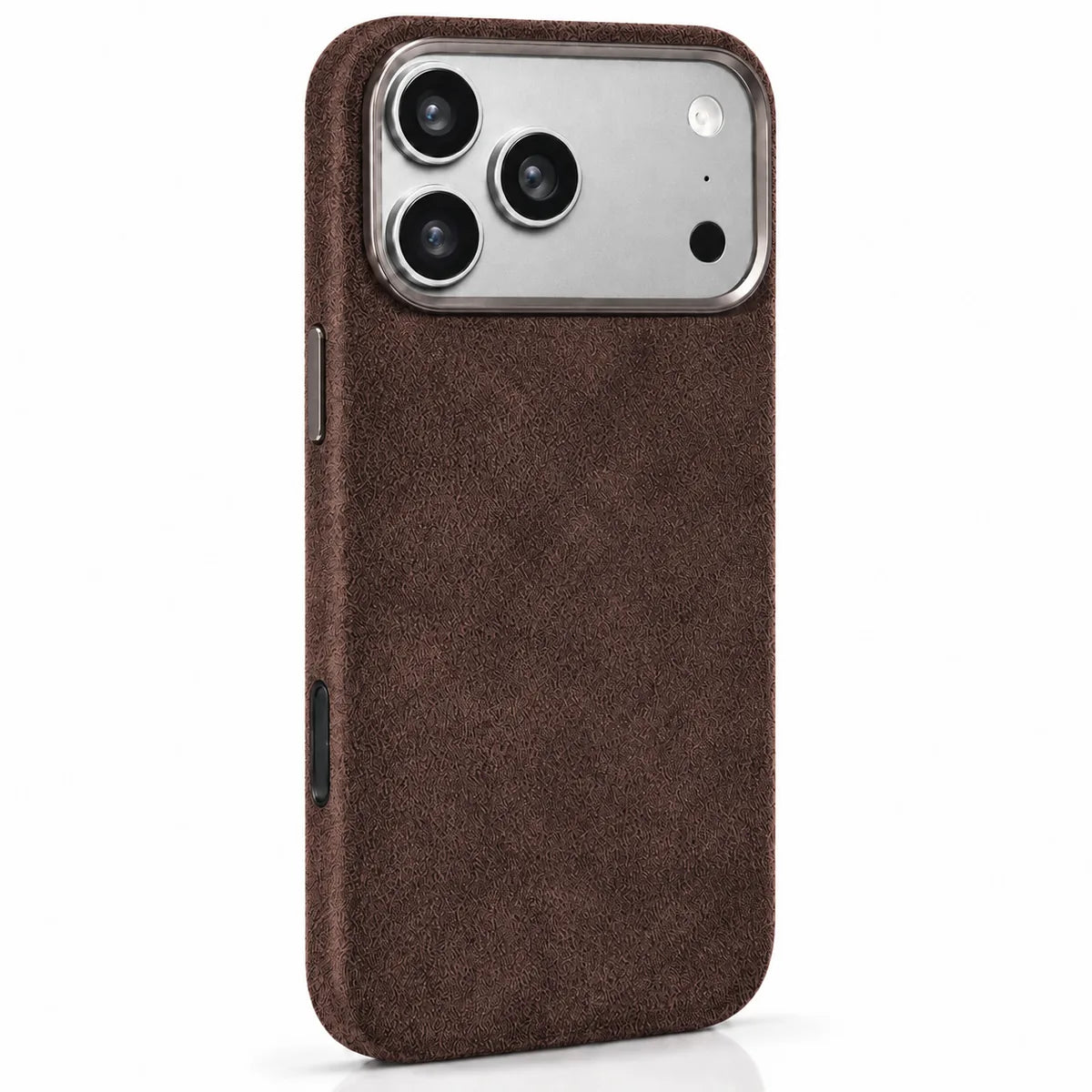Brown fabric phone case in a slightly angled rear view, showing the side controls. #color_Espresso Brown