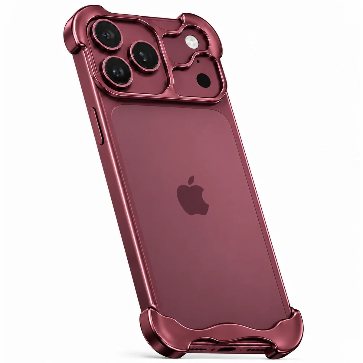 Burgundy sculpted metal phone case shown at an angle from the rear #color_Burgundy