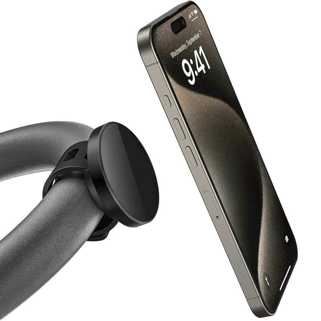 Magnetic phone holder compatible with MagSafe for gym equipment, bike handlebars, strollers, and flat magnetic surfaces
