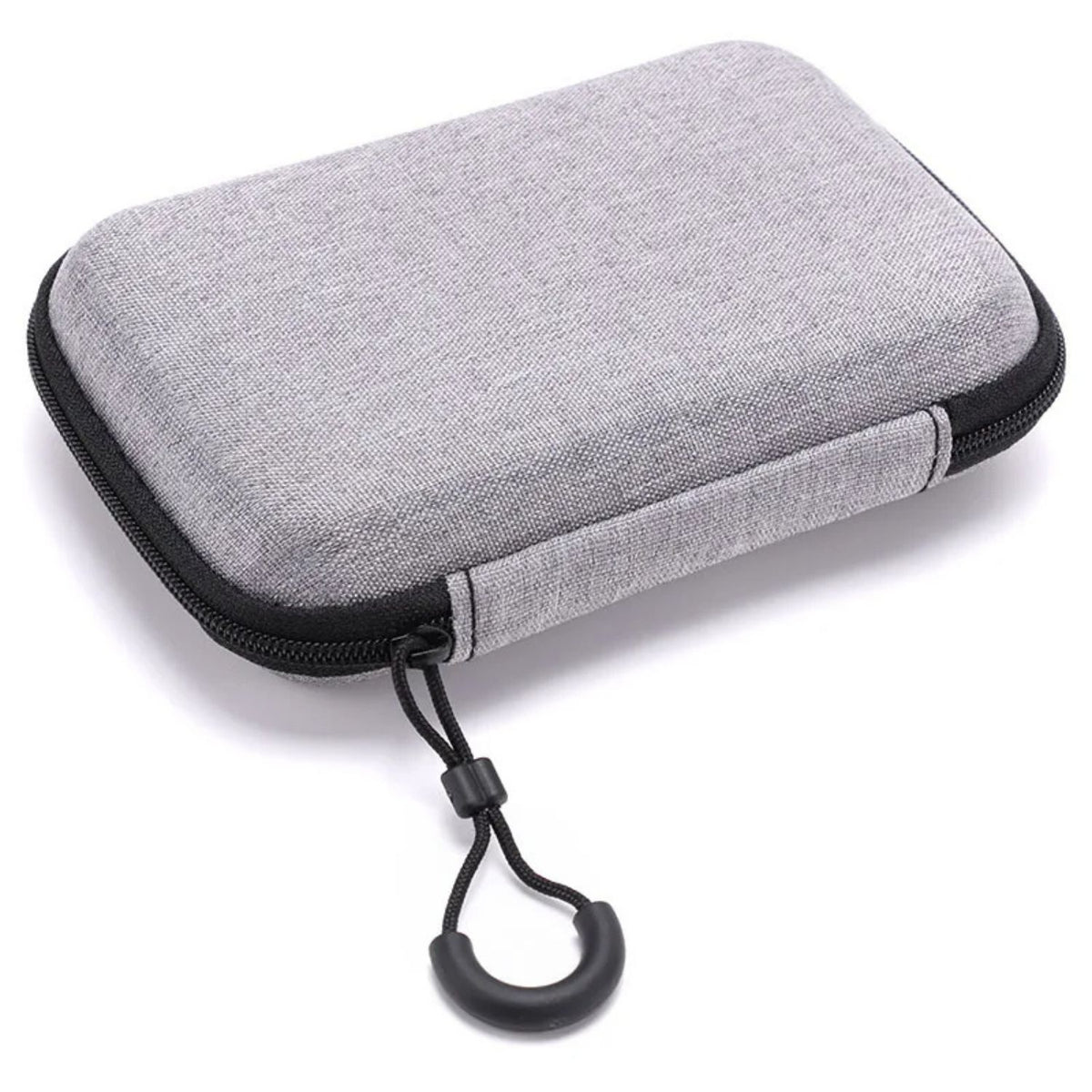 Gray zippered electronics travel case, angled view