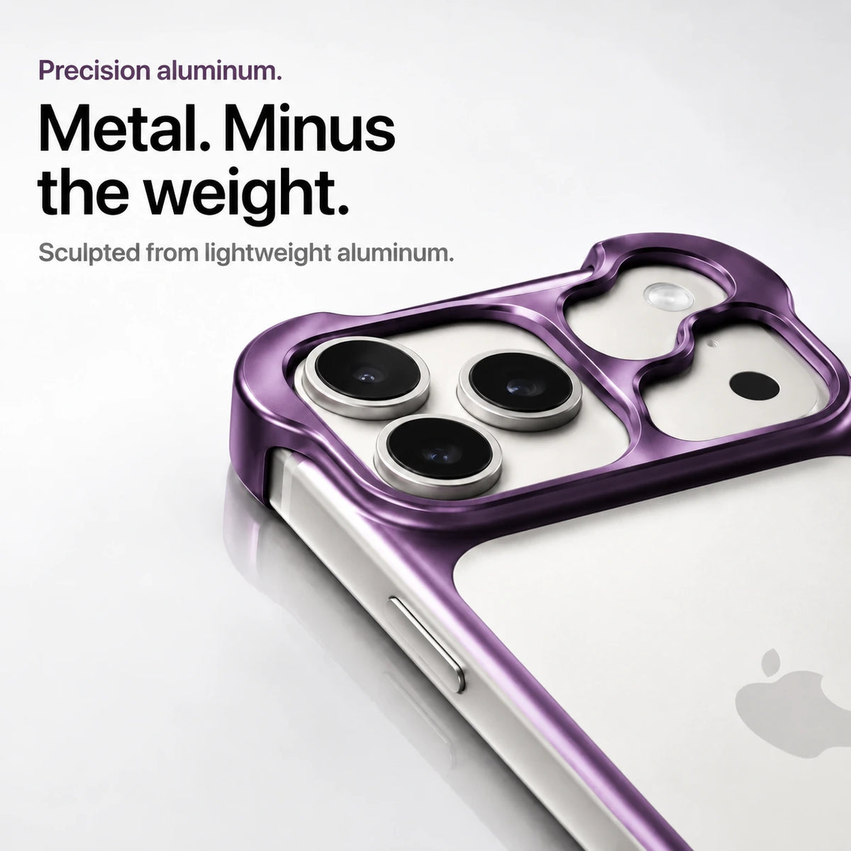 Violet sculpted metal phone case showing a close view of its sculpted camera guard #color_Lavender Purple
