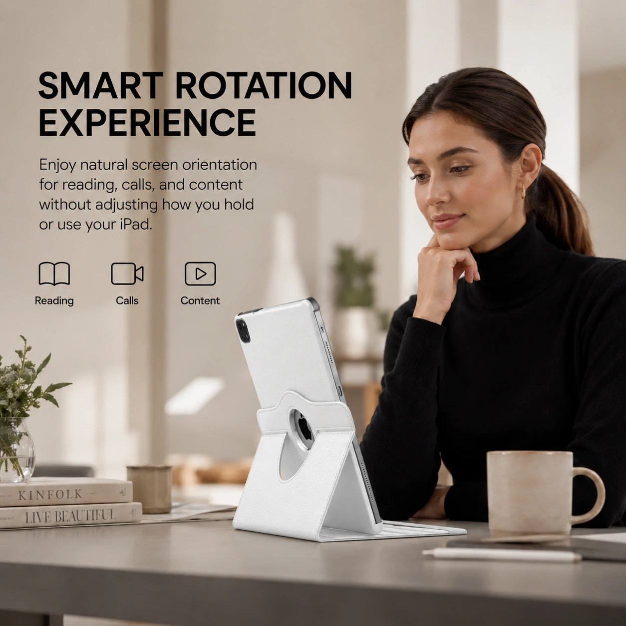 Arctic White rotating tablet folio case rotated for portrait viewing #color_Arctic White