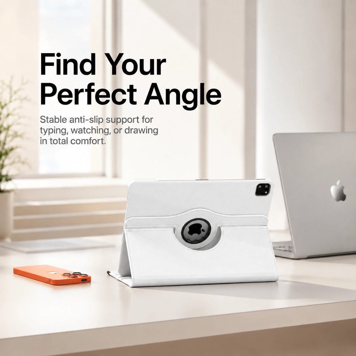 Arctic White rotating tablet folio case supporting a tablet at an adjustable angle #color_Arctic White
