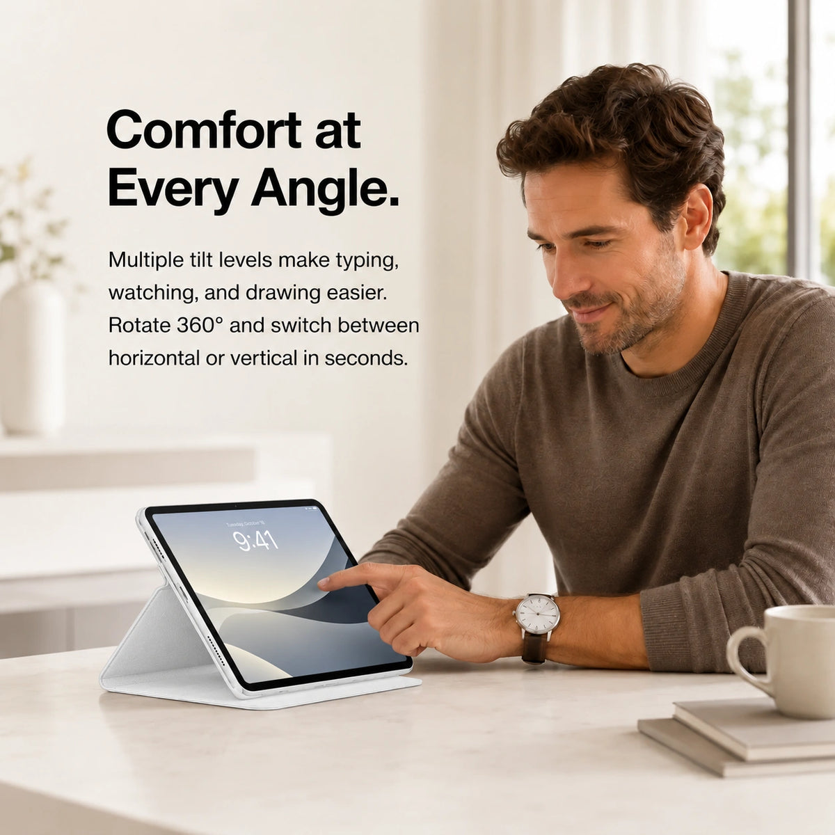 Arctic White rotating tablet folio case used for hands free viewing #color_Arctic White