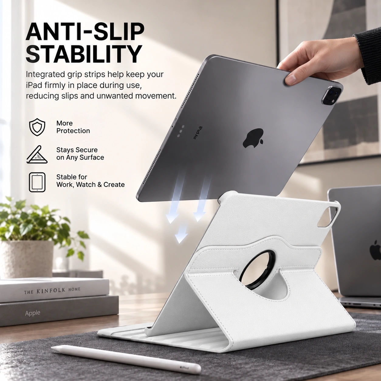 Arctic White rotating tablet folio case with an anti slip tablet holder #color_Arctic White