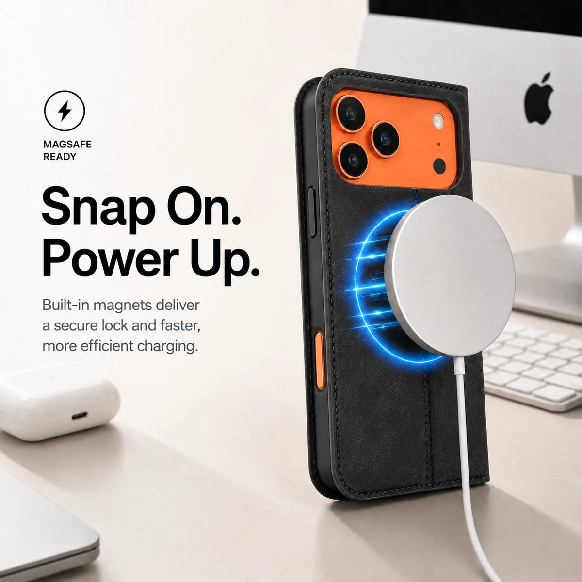 Black leather folio phone case aligned with a white wireless charging puck #color_Midnight Black