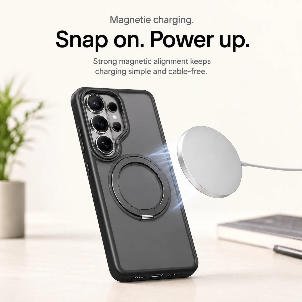 Black ring stand phone case aligned with a white wireless charging puck #color_Midnight Black