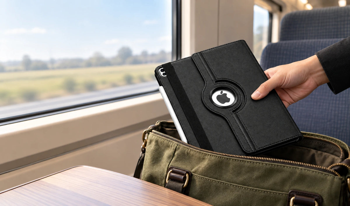 Closed black rotating tablet folio being placed into a canvas work bag.