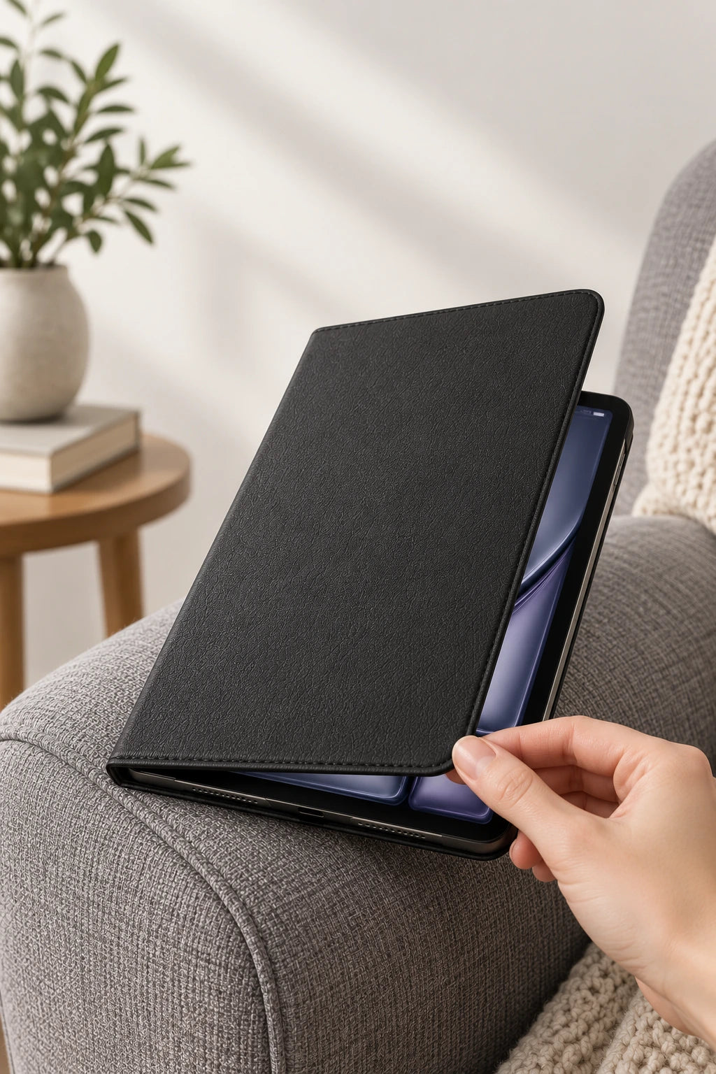 Hand lifting the front cover of a black tablet folio beside a reading chair.