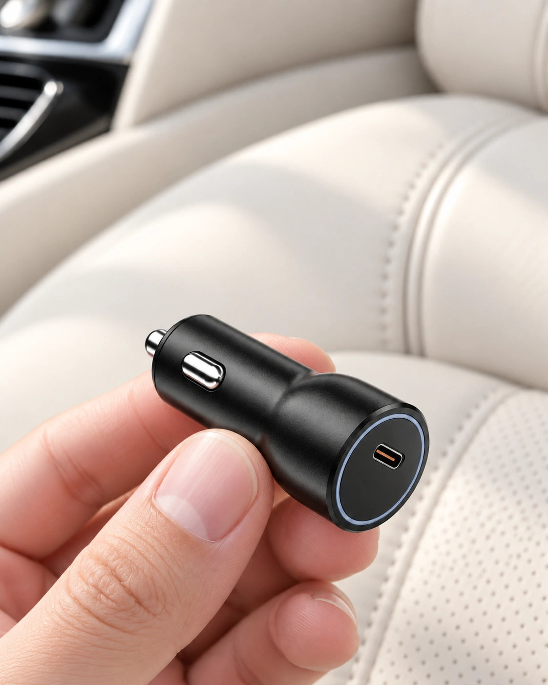 Compact black car charger held between fingers, showing its tapered metal body and side contacts.