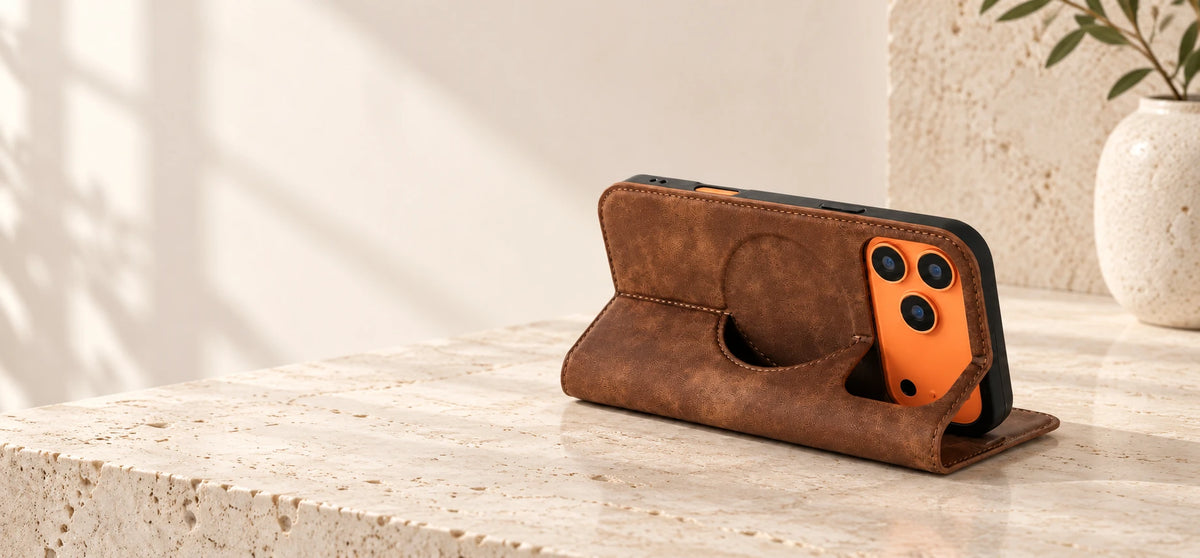 Brown folding wallet phone case supporting a phone horizontally on a desk.