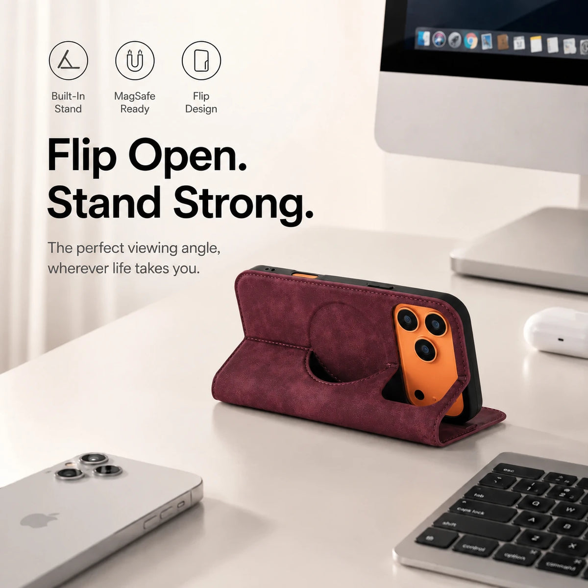 Burgundy leather folio phone case viewed from behind in a landscape stand position #color_Crimson Red