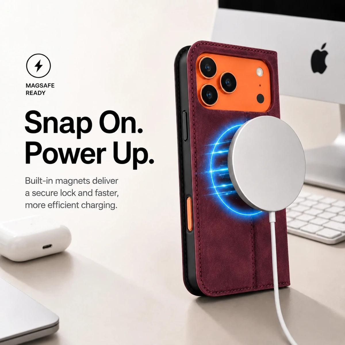 Burgundy leather folio phone case aligned with a white wireless charging puck #color_Crimson Red
