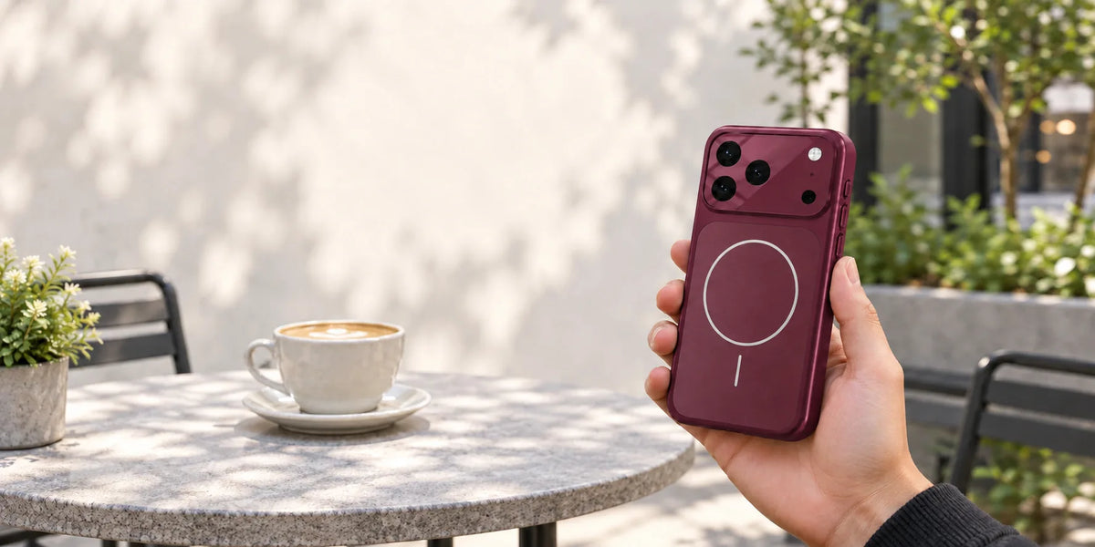 Burgundy matte phone case held outdoors at a cafe with its full camera cover visible.