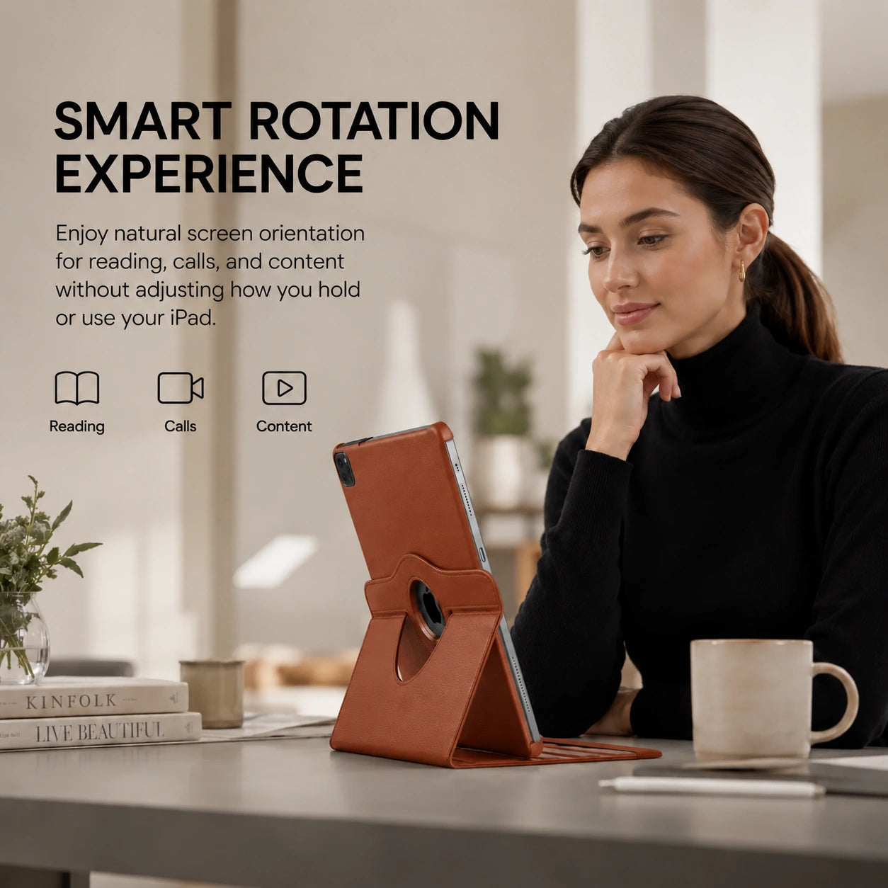 Chestnut Brown rotating tablet folio case rotated for portrait viewing #color_Chestnut Brown