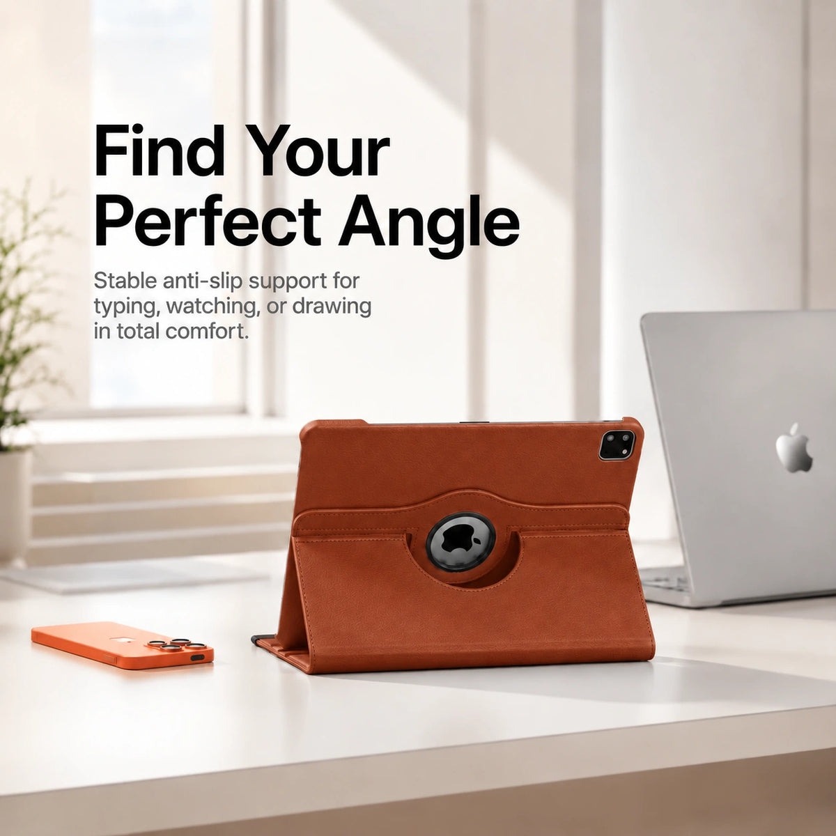Chestnut Brown rotating tablet folio case supporting a tablet at an adjustable angle #color_Chestnut Brown