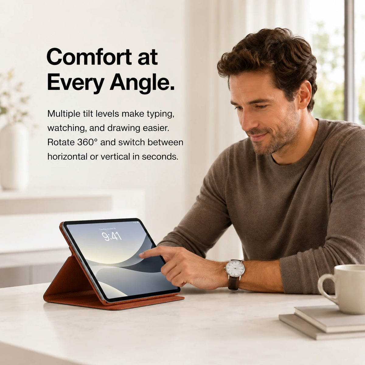 Chestnut Brown rotating tablet folio case used for hands free viewing #color_Chestnut Brown