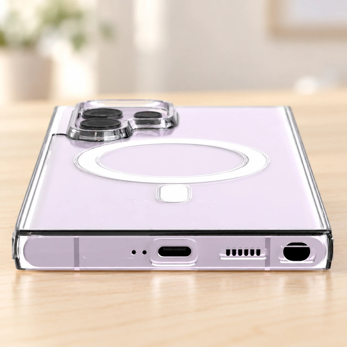 Close-up of the clear case's unobstructed USB-C, speaker and stylus openings.