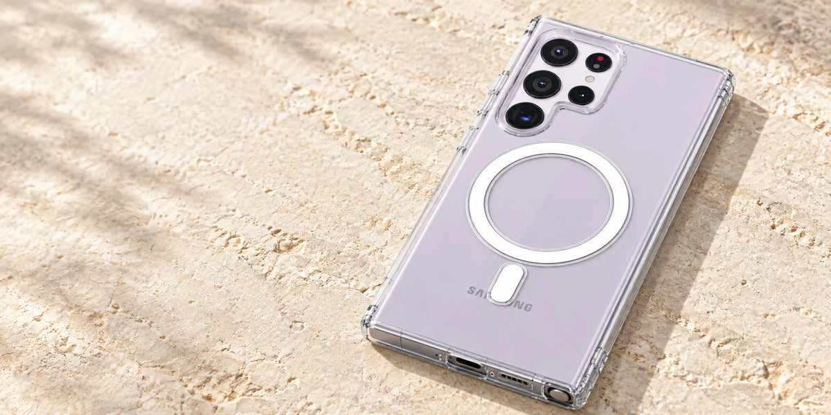 Transparent magnetic phone case showing a pale lavender phone back.