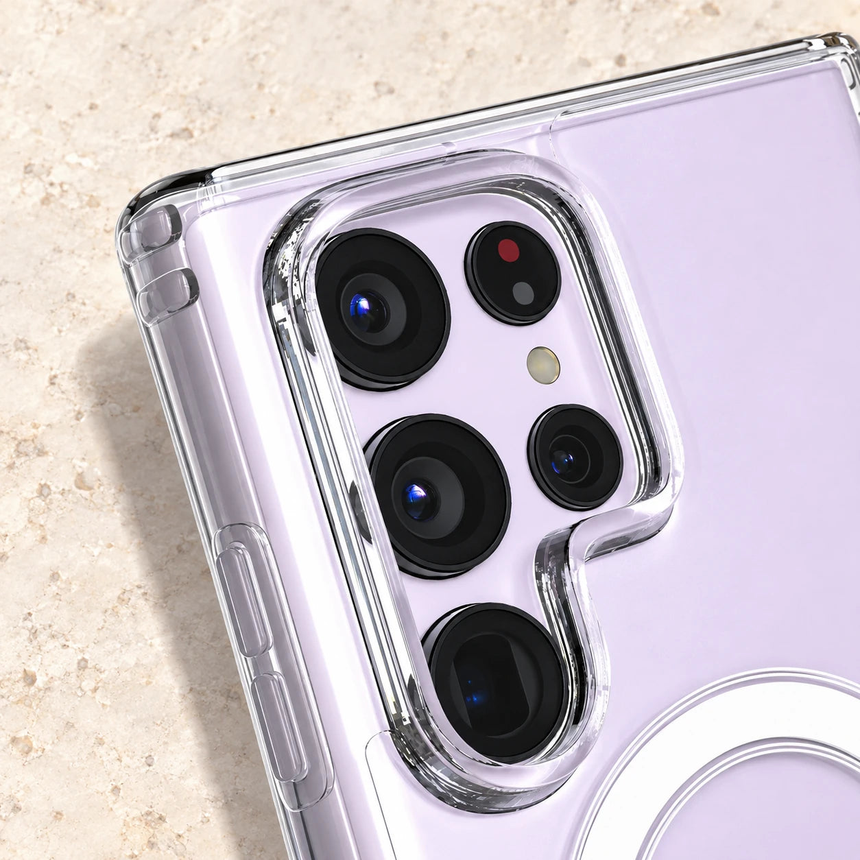Close-up of the clear camera surround around a phone's rear lenses.