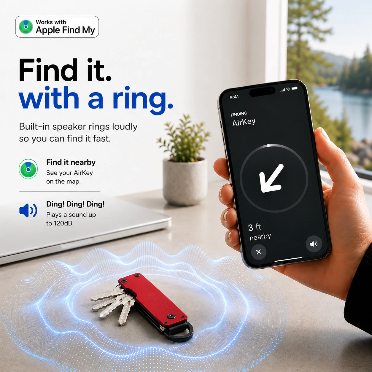 Crimson Red compact tracking key organizer with a ringing location illustration #color_Crimson Red