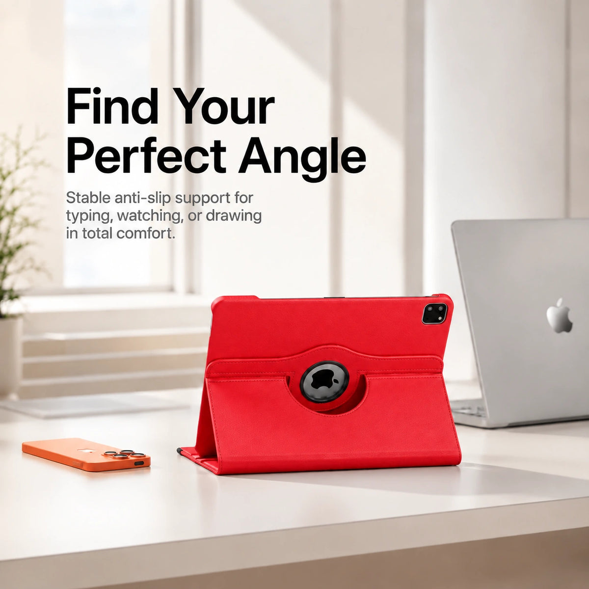 Crimson Red rotating tablet folio case supporting a tablet at an adjustable angle #color_Crimson Red