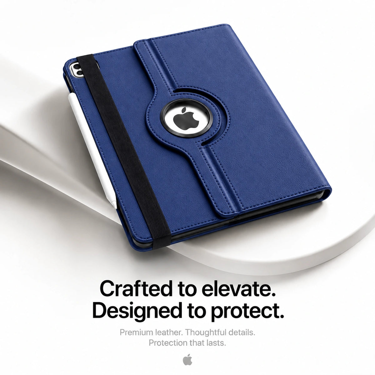 Deep Blue rotating tablet folio case closed on a display plinth #color_Deep Blue