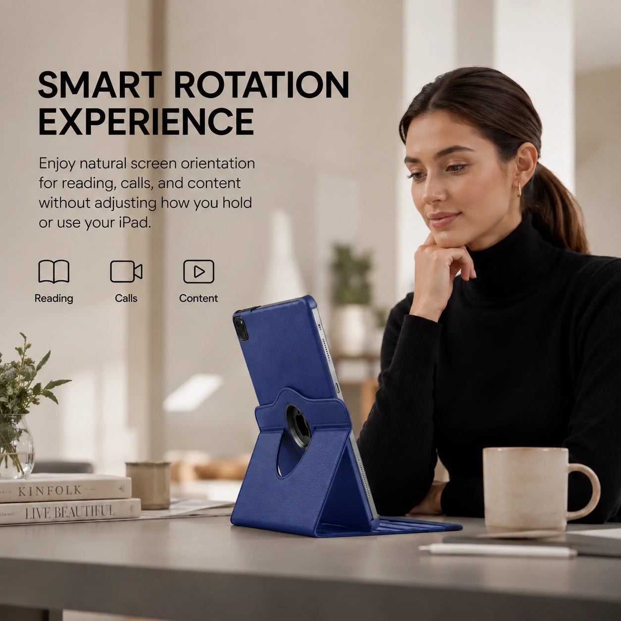 Deep Blue rotating tablet folio case rotated for portrait viewing #color_Deep Blue