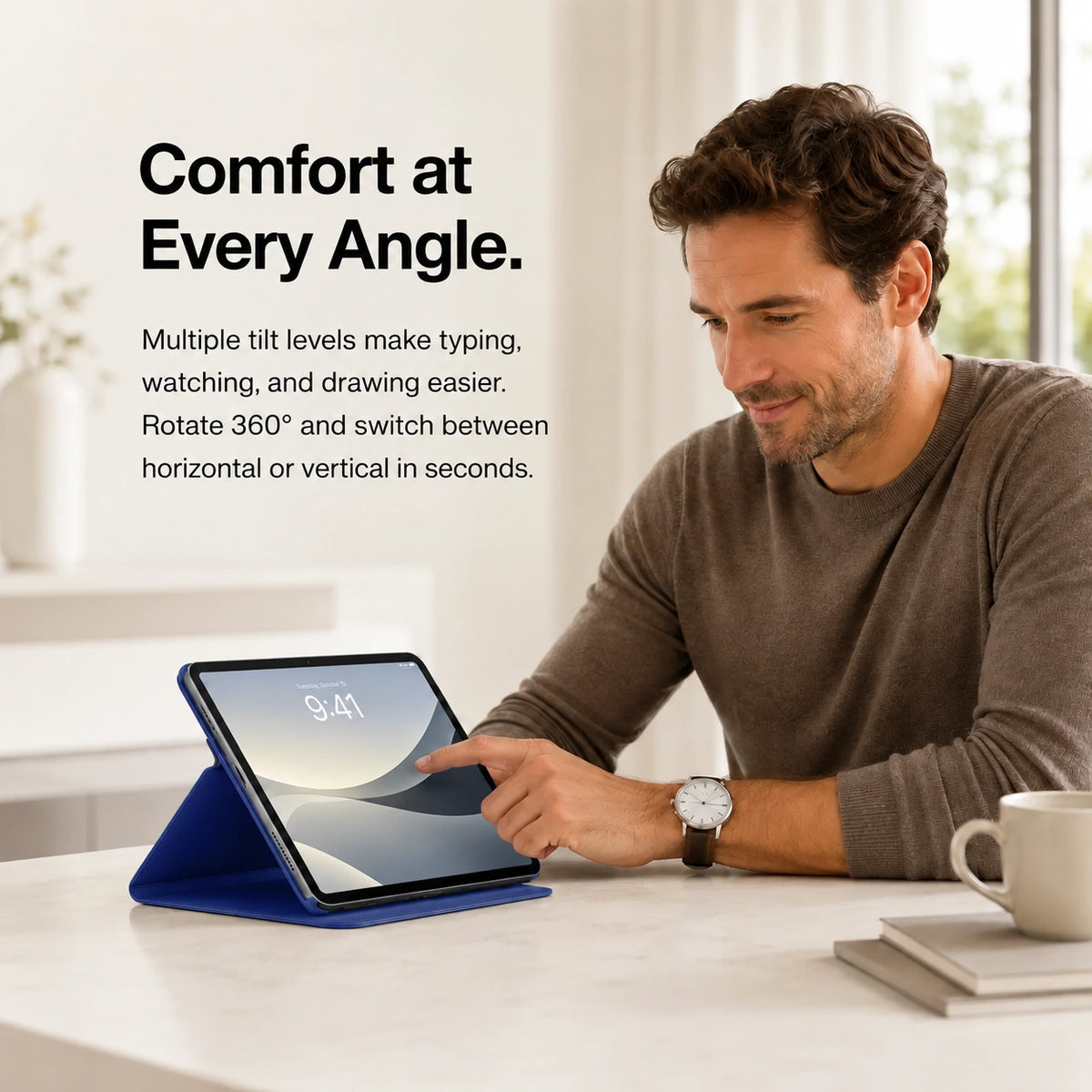 Deep Blue rotating tablet folio case used for hands free viewing #color_Deep Blue