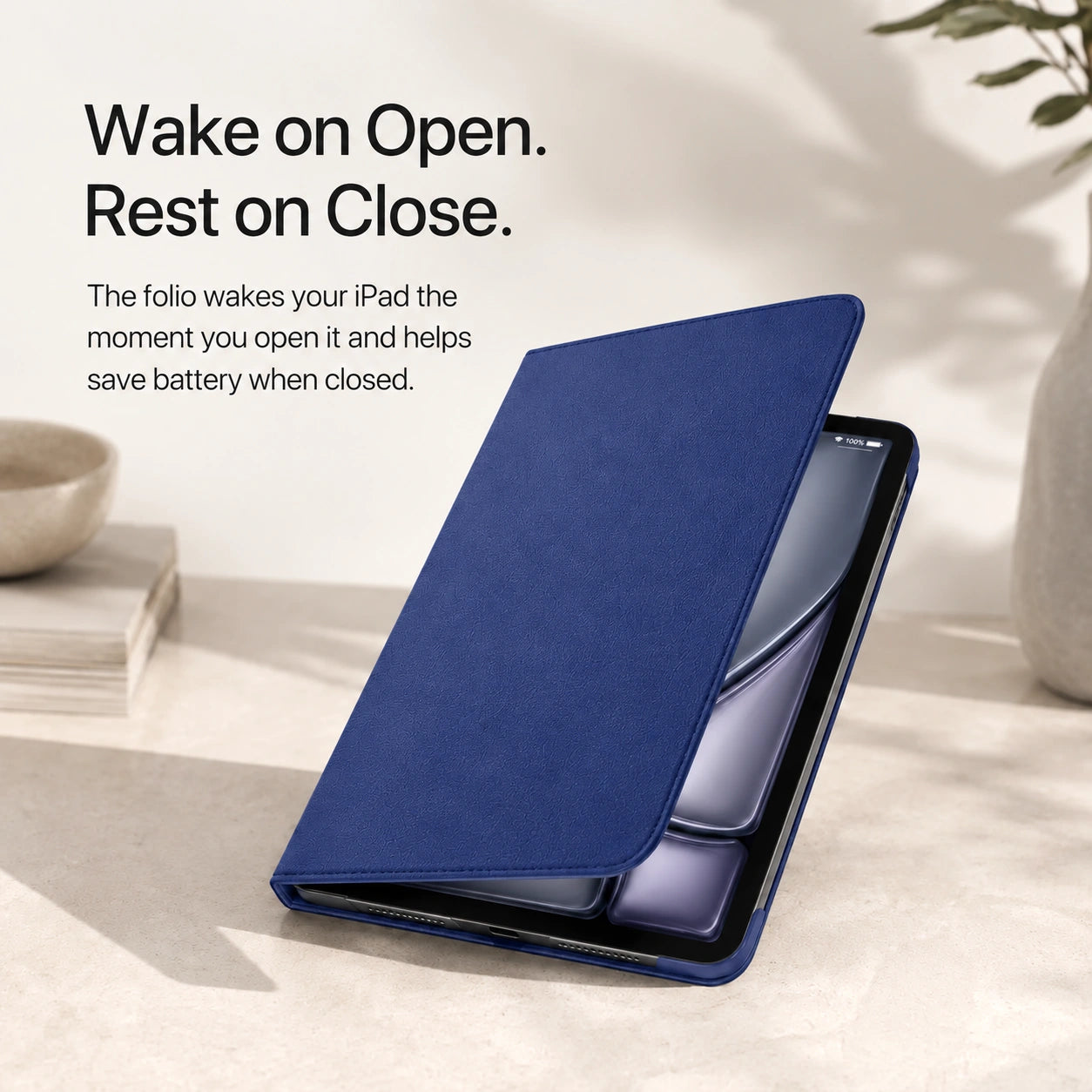Deep Blue rotating tablet folio case with a magnetic wake and sleep cover #color_Deep Blue