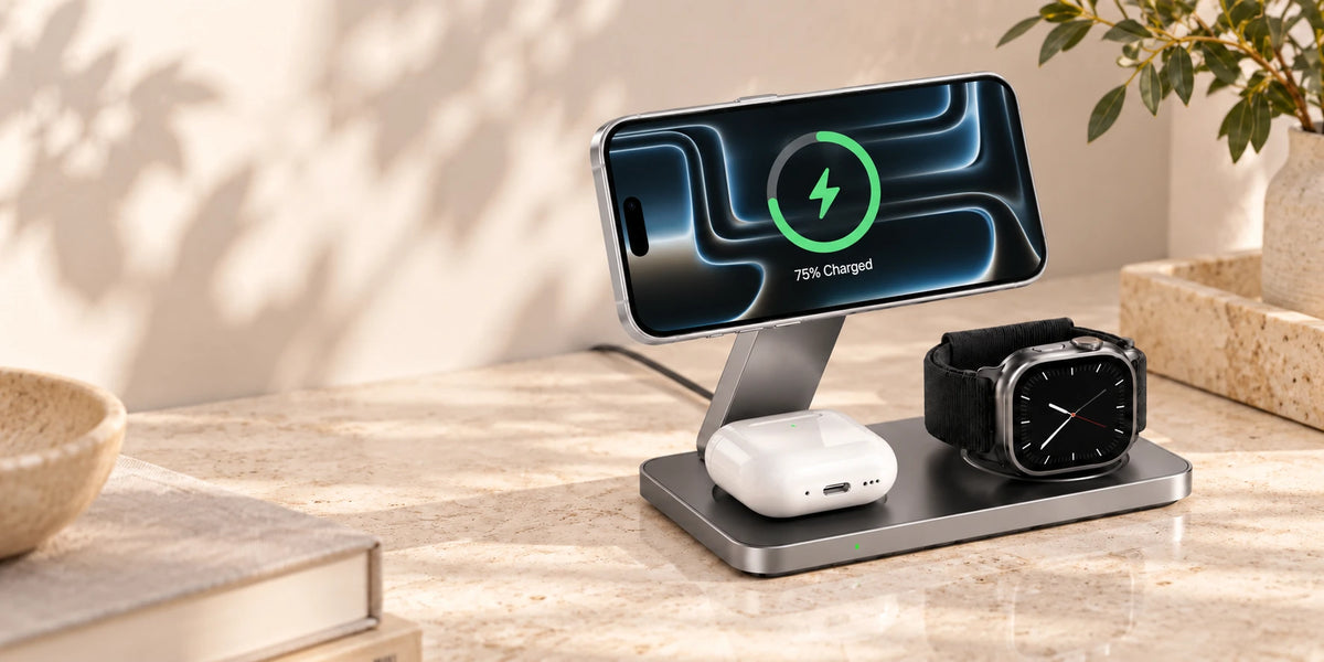 Gray rectangular wireless charging station holding a phone, smartwatch and white earbud case.