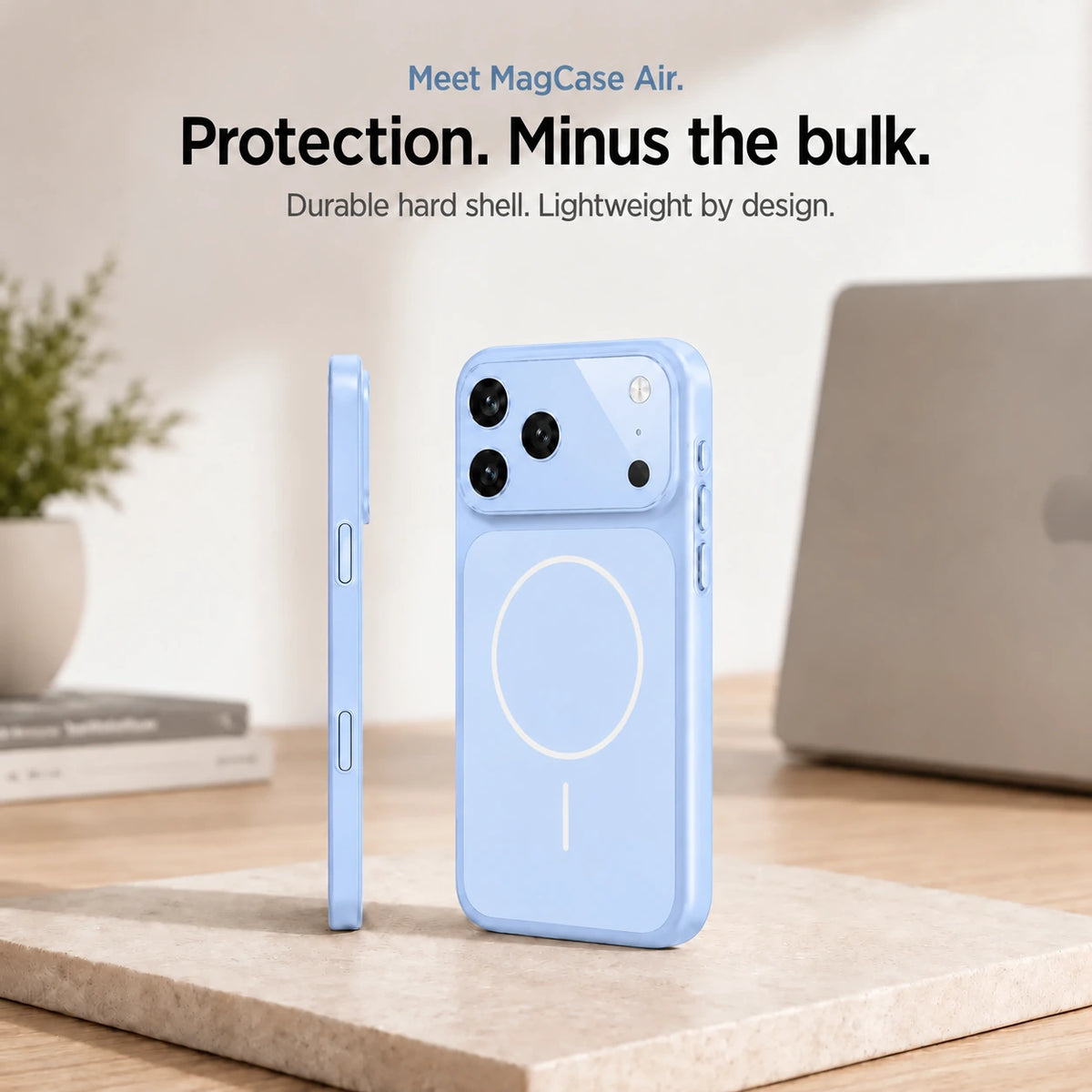 Glacier lightweight hard shell phone case in rear and side views on a stone desk slab #color_Glacier