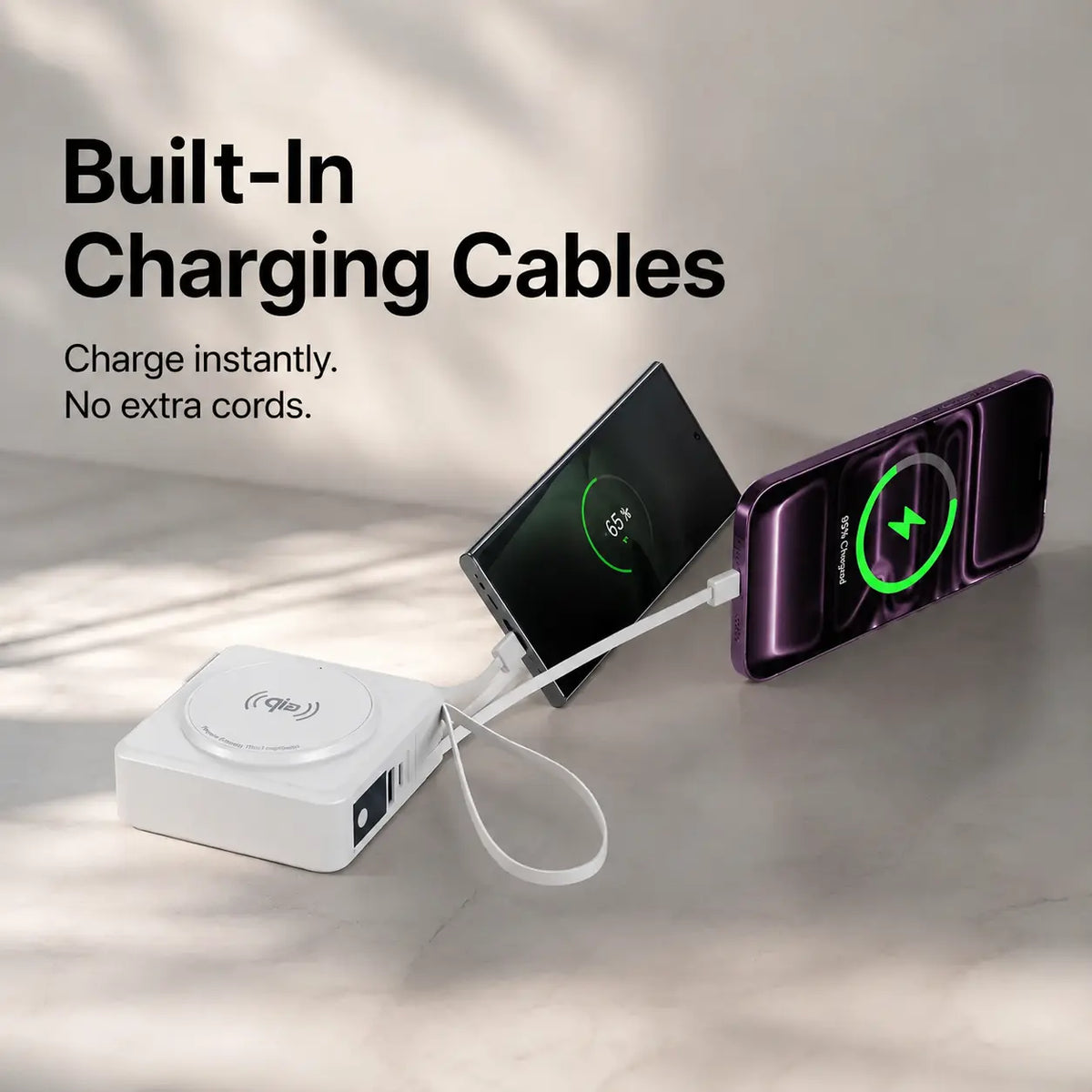 qi2 power bank with usb c and lightning cables