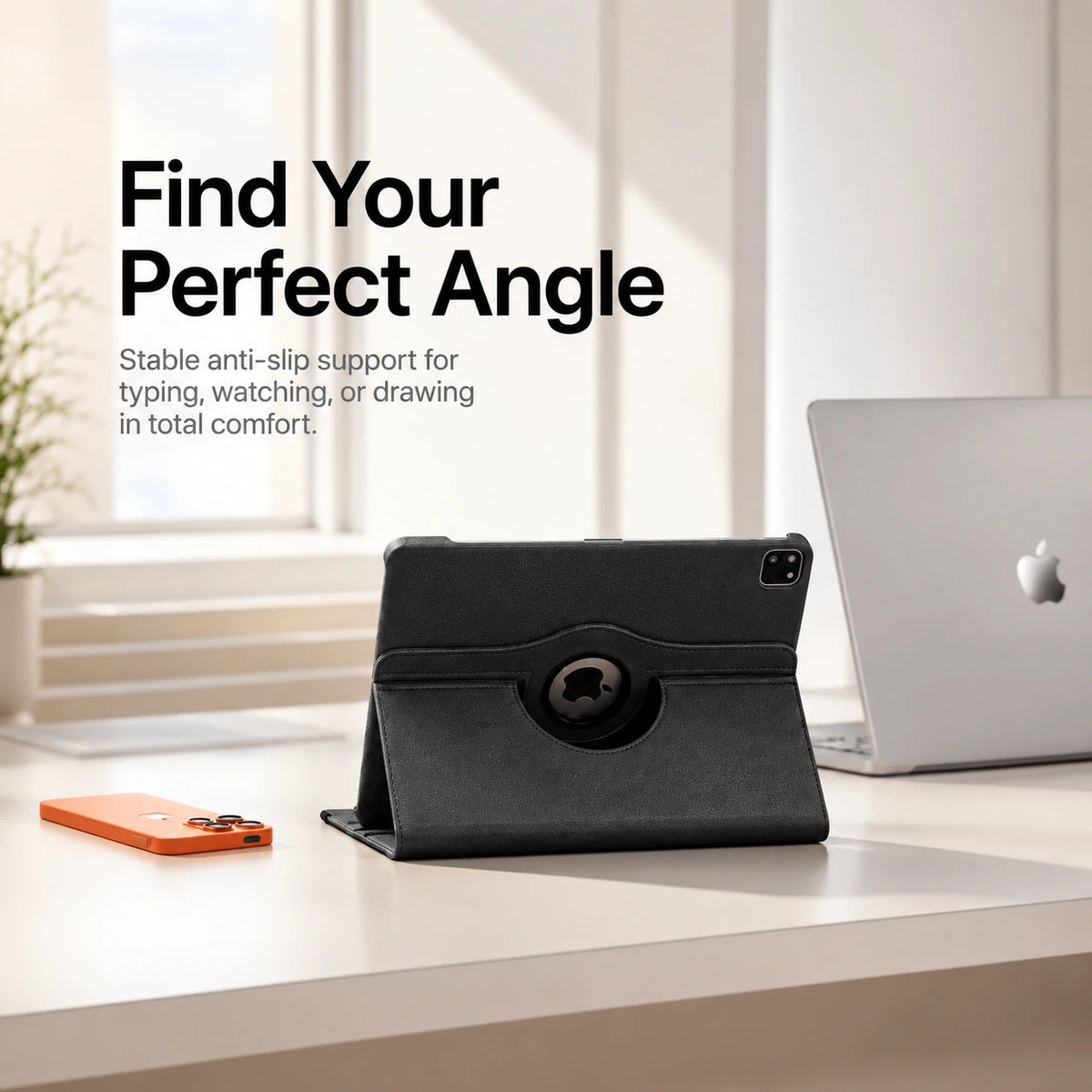 Midnight Black rotating tablet folio case supporting a tablet at an adjustable angle #color_Midnight Black