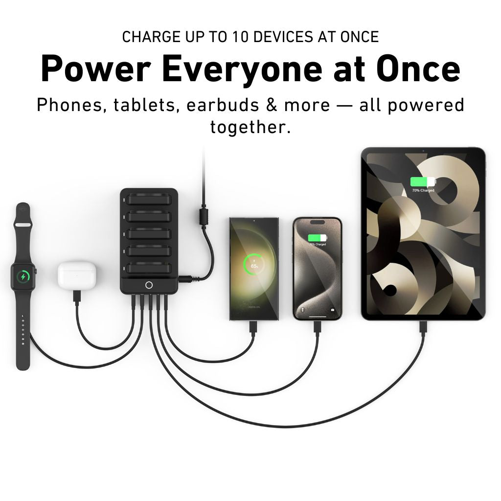Multi-device charging station with text 'Charge up to 10 devices at once' on a white background