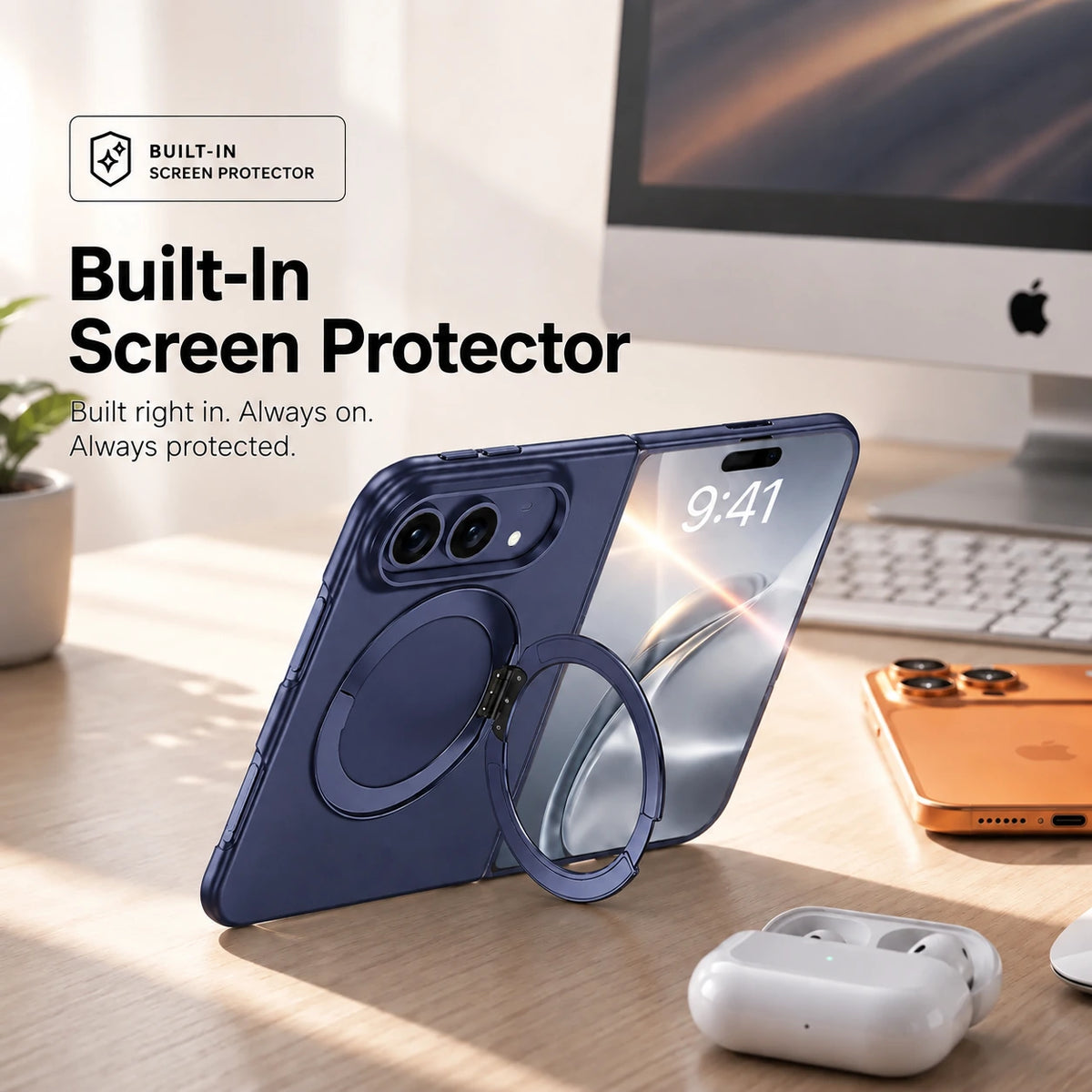 Navy blue folding phone case shown from front and rear with its built-in screen protector #color_Deep Blue