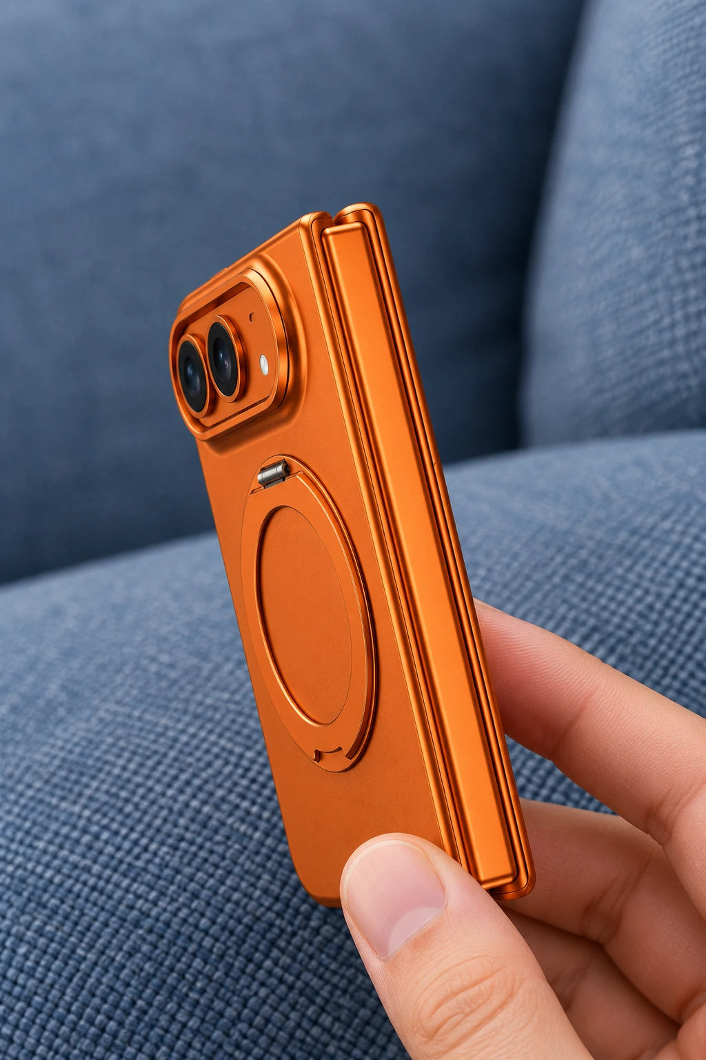 Close side view of the fitted orange cover along a folding phone hinge.