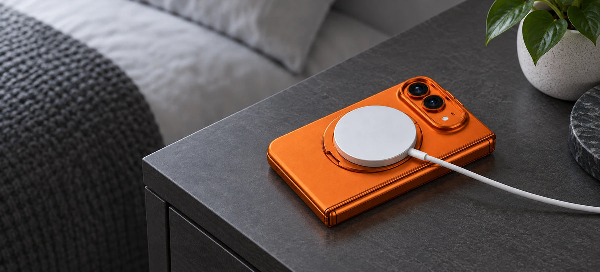 White magnetic charging puck attached to the orange folding phone case.