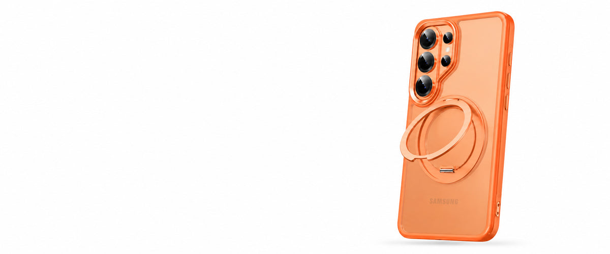 Orange Samsung phone case with an open magnetic ring stand on a white studio background.