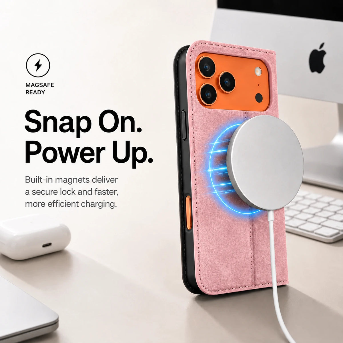 Pink leather folio phone case aligned with a white wireless charging puck #color_Rose Pink