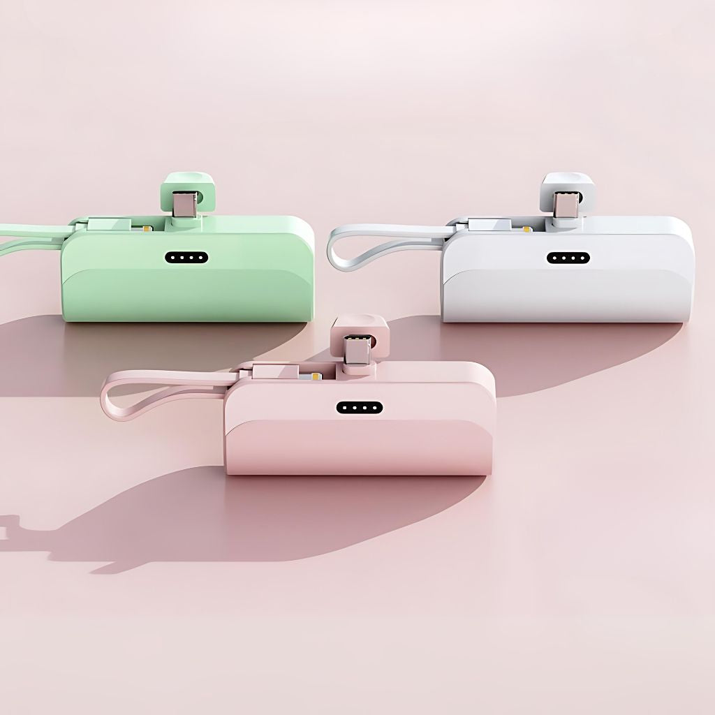 PowerBank Mini portable charger in multiple colors and capacities, compatible with USB-C and Lightning devices for Android and Apple, featuring a compact, lipstick-sized design with dual charging capability.