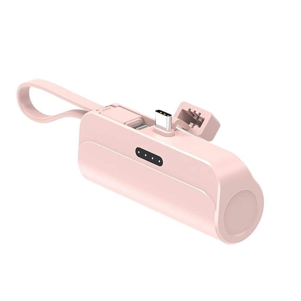 PowerBank Mini portable charger in multiple colors and capacities, compatible with USB-C and Lightning devices for Android and Apple, featuring a compact, lipstick-sized design with dual charging capability.