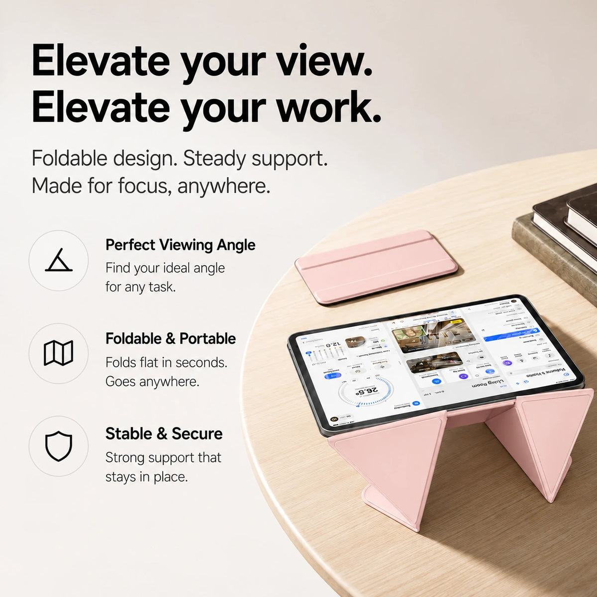 Rose Pink folding magnetic tablet stand used at a desk with detachable tray #color_Rose Pink