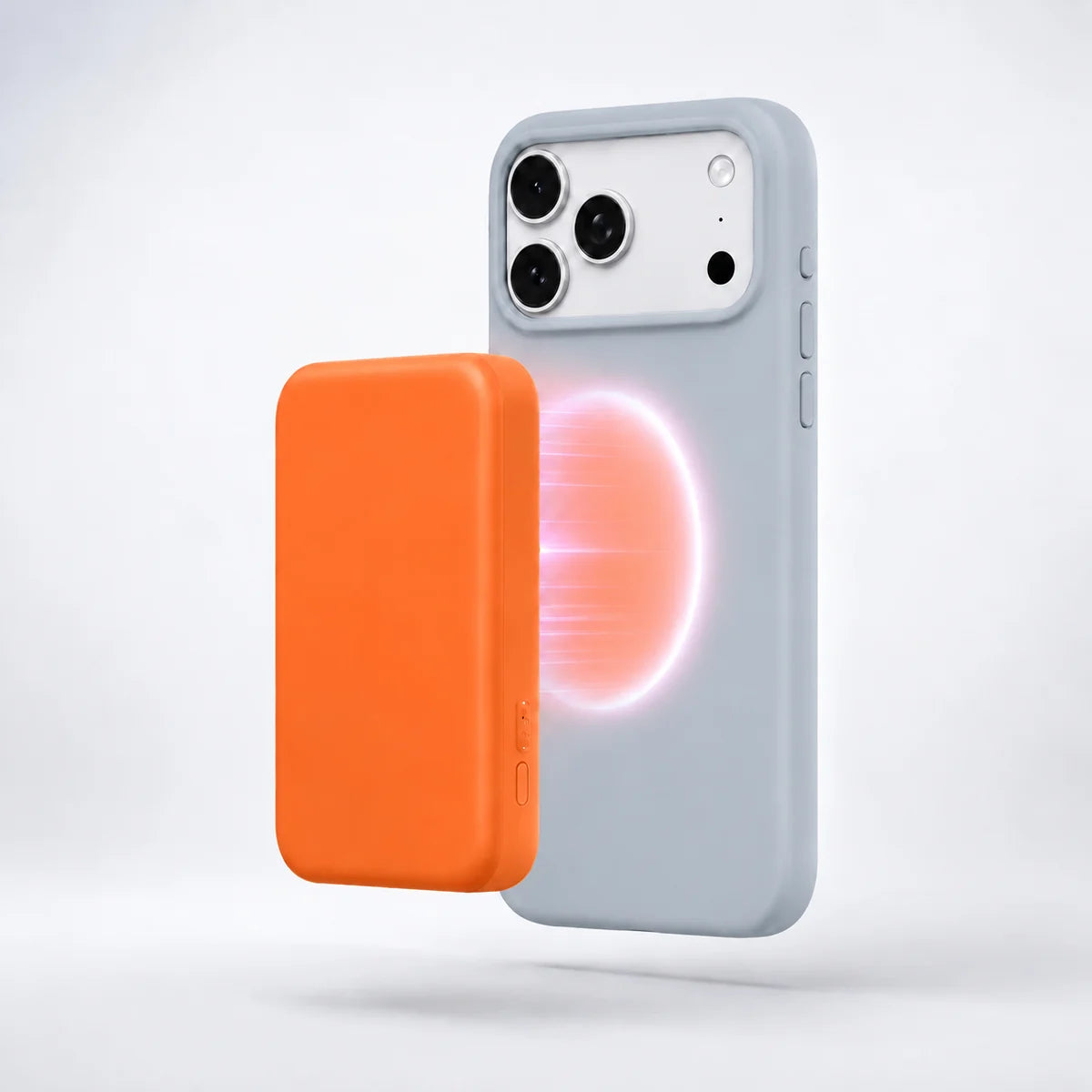 Silver Gray silicone phone case with an orange wireless battery pack #color_Silver Gray