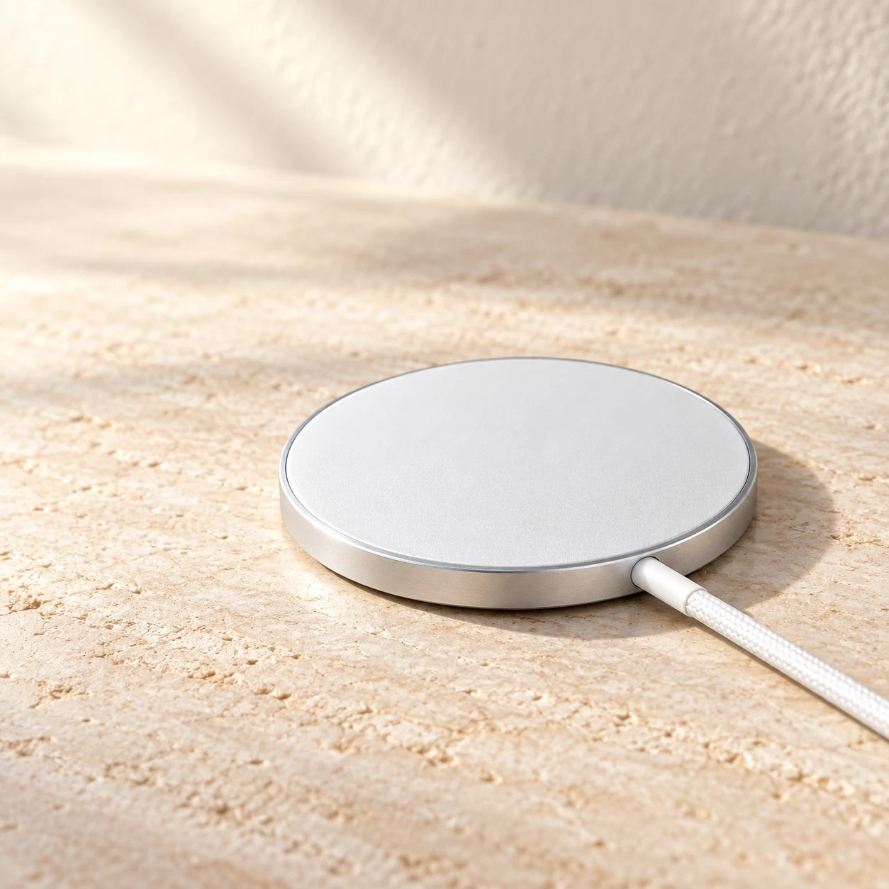 Low side view of a slim silver charging puck and its attached white cable.