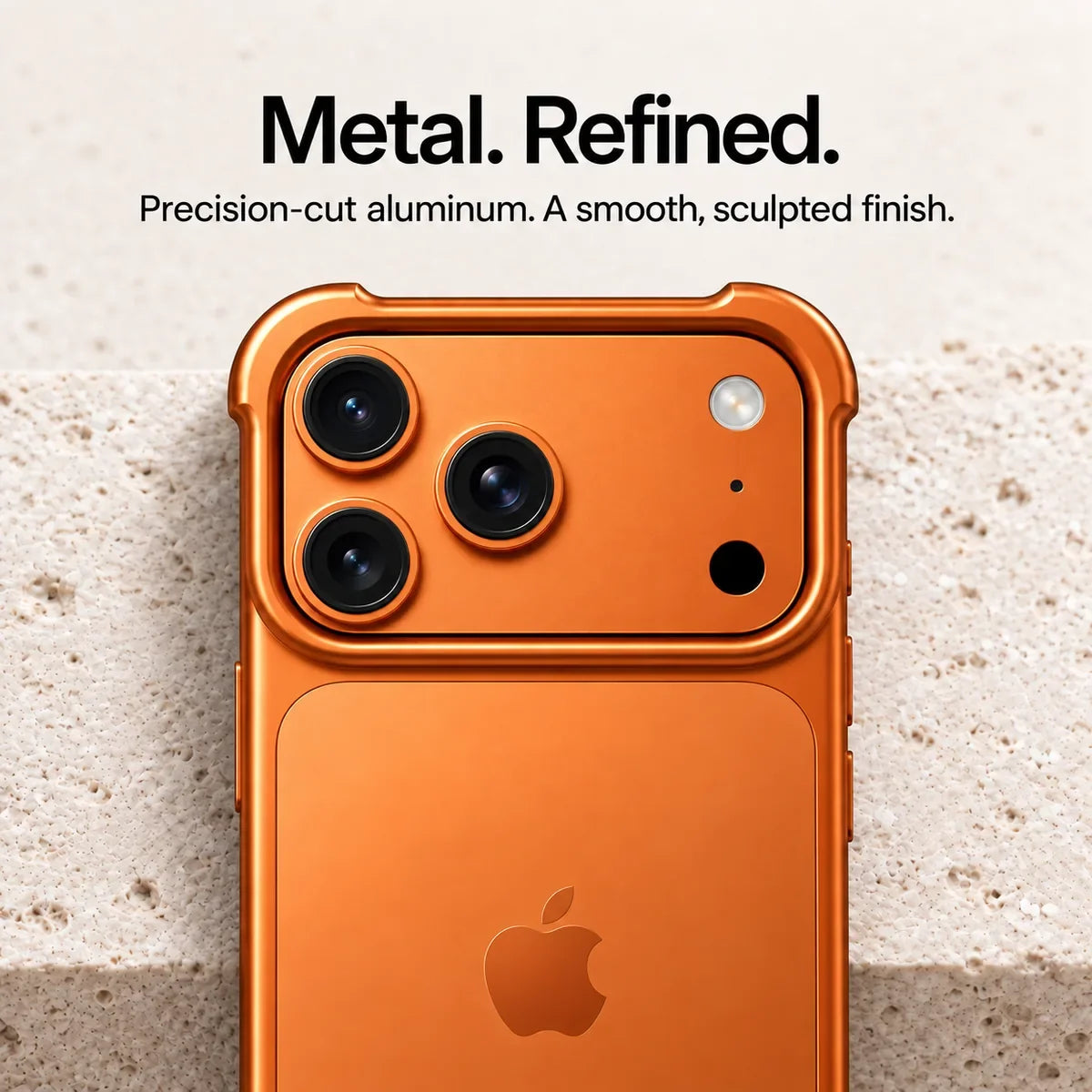 Orange metal phone bumper in a close-up of the sculpted camera surround #color_Cosmic Orange