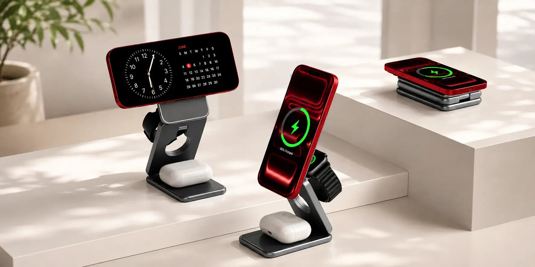 A set of modern wireless charging stands and pads in a glossy red and dark gray finish, shown with mockup devices and AirPods on white display risers in a bright, modern room setting.